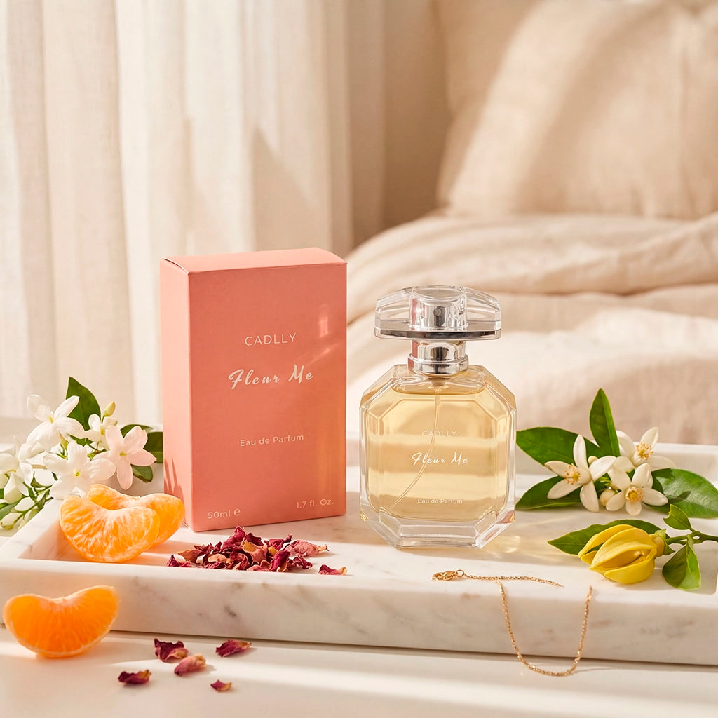 CADLLY Fleur Me perfume bottle and packaging on a marble surface with flowers and fruits.