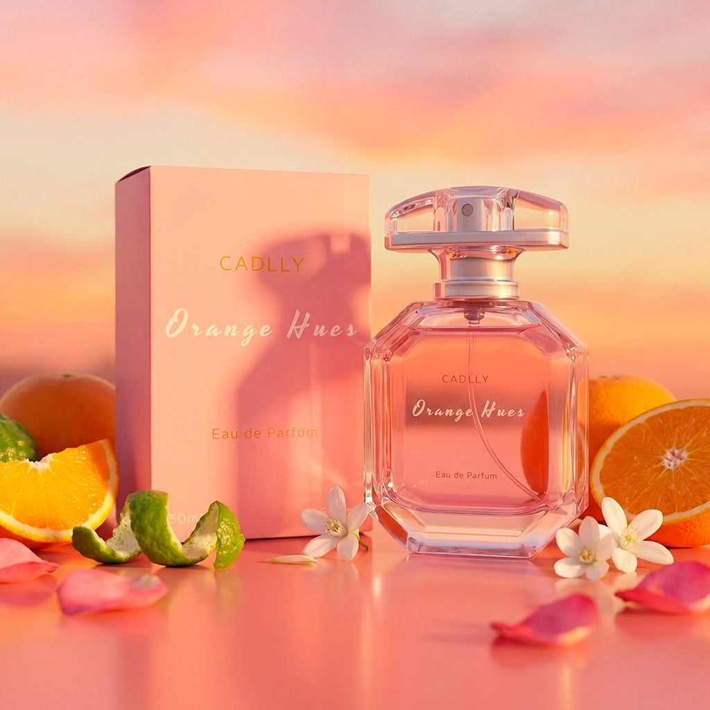 CADLLY Orange Hues perfume bottle and packaging with fruits and flowers on a colorful background