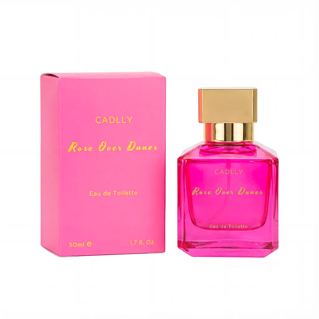 Pink perfume bottle and packaging with 'CADLLY' branding on a white background
