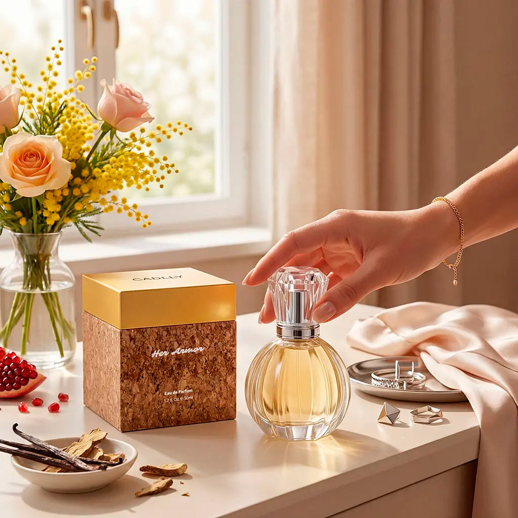 Hand holding a CADLLY Her Armor perfume bottle on a table with a box and flowers in the background