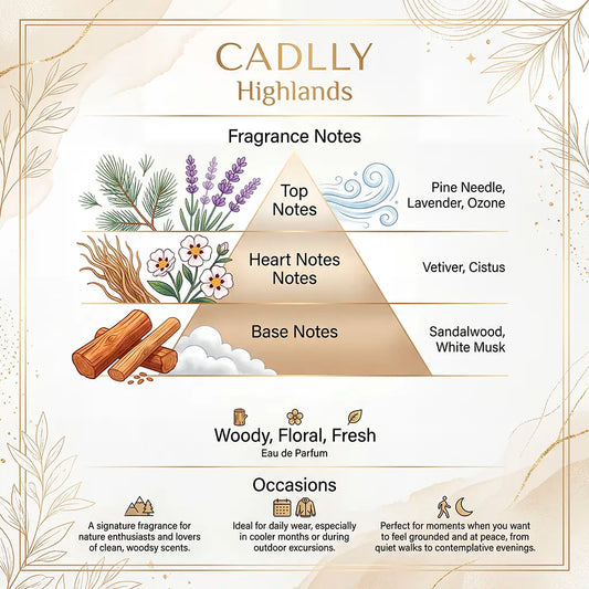 Diagram of fragrance notes for a product named 'CADLLY Highlands' with illustrations and text.