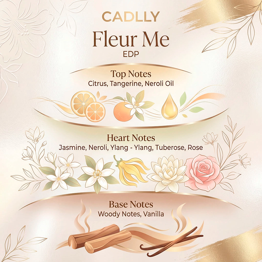 Fragrance notes diagram for CADLLY Fleur Me EDP with floral and vanilla elements on a light background.