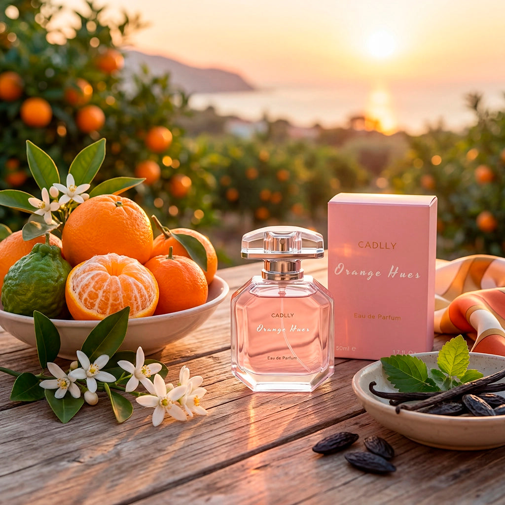CADLLY Orange Hues perfume with packaging on a wooden table with oranges and flowers in the background.