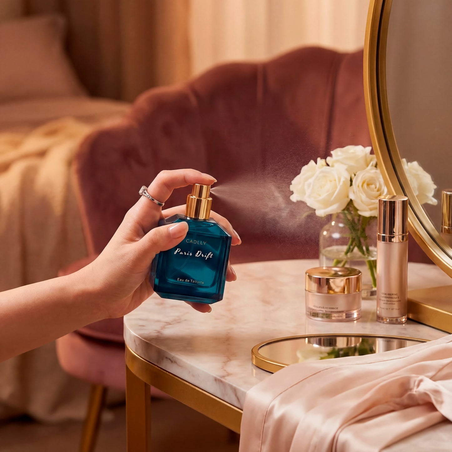 Hand holding a blue perfume bottle with a mirror and flowers in the background