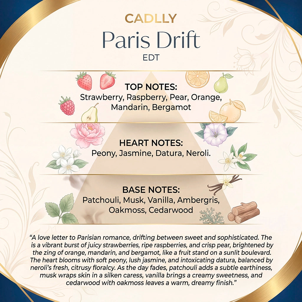Product label for 'Paris Drift' by Cadlly with fragrance notes and description.