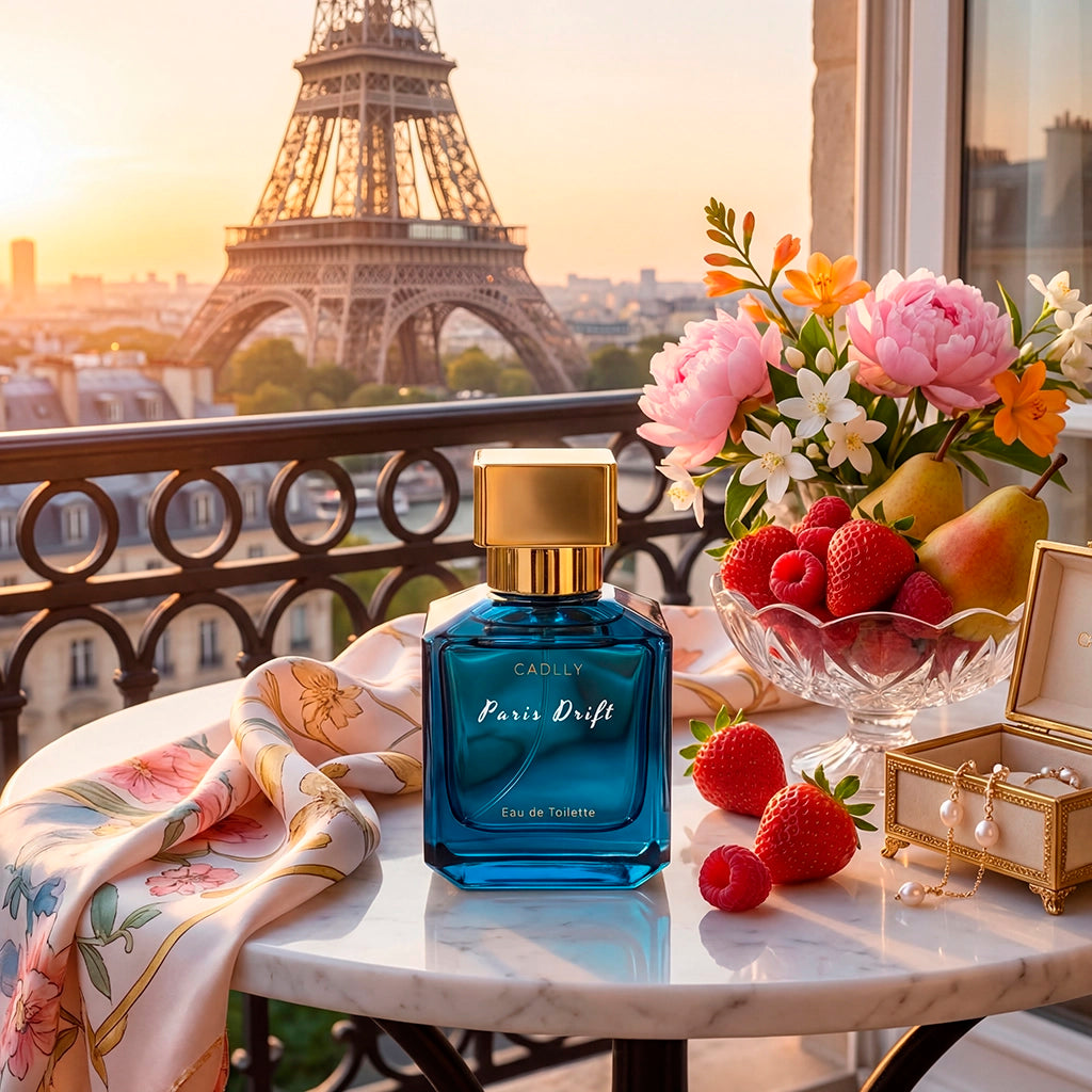 CADLLY Paris Drift perfume bottle on a table with flowers, fruits, and jewelry box with Eiffel Tower in the background