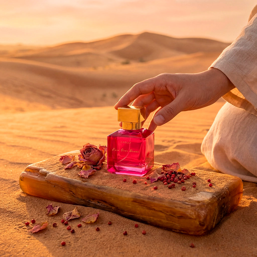 Hand holding a pink CADLLY perfume bottle on a wooden platform with desert landscape in the background
