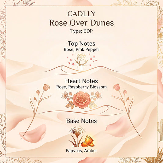 Product label for 'Rose Over Dunes' by CADLLY with floral design and notes on a soft background.