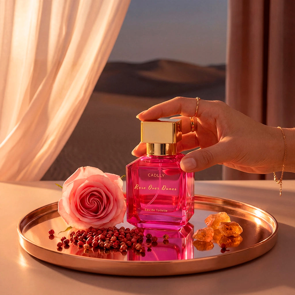 Hand holding a pink CADLLY perfume bottle on a tray with a rose and spices, against a blurred outdoor background.