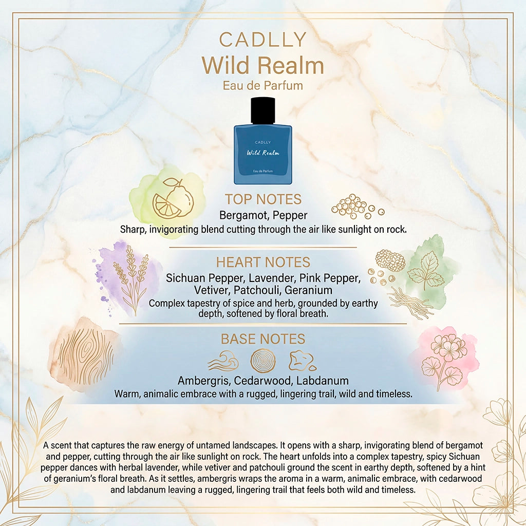 Advertisement for CADLLY Wild Realm Eau de Parfum with product image and description.