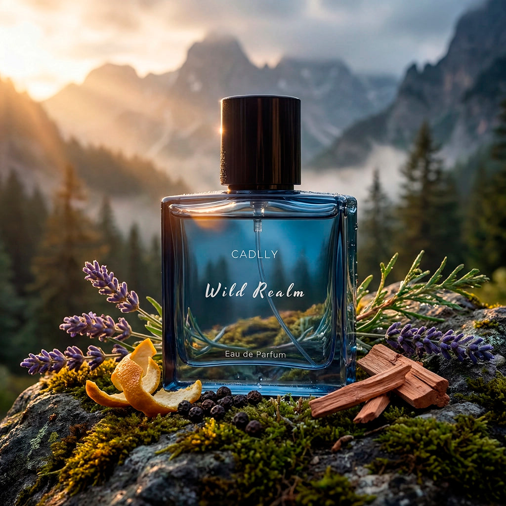 Perfume bottle labeled 'Wild Realm' by CADLLY on a rock with nature background