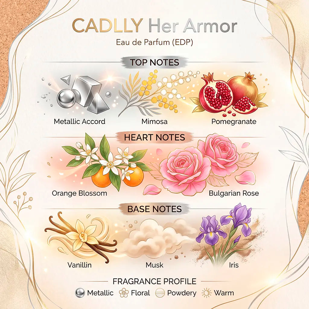 Fragrance profile chart for CADLLY Her Armor Eau de Parfum with floral and metallic elements.