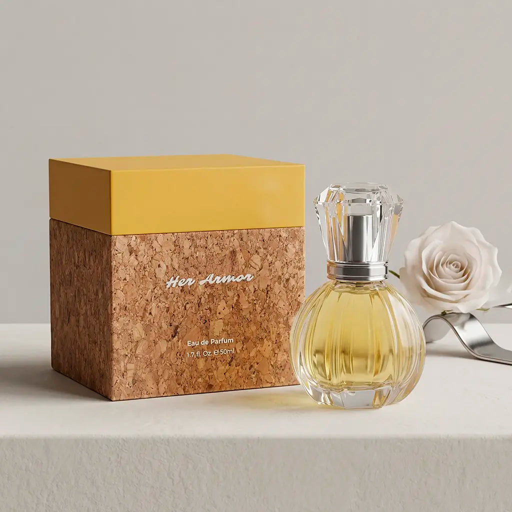 CADLLY Her Armor perfume bottle with cork box and white rose on a light background
