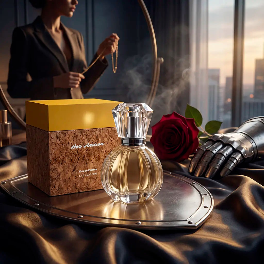 CADLLY Her Armor perfume bottle with packaging and a rose on a reflective surface, with a cityscape in the background.