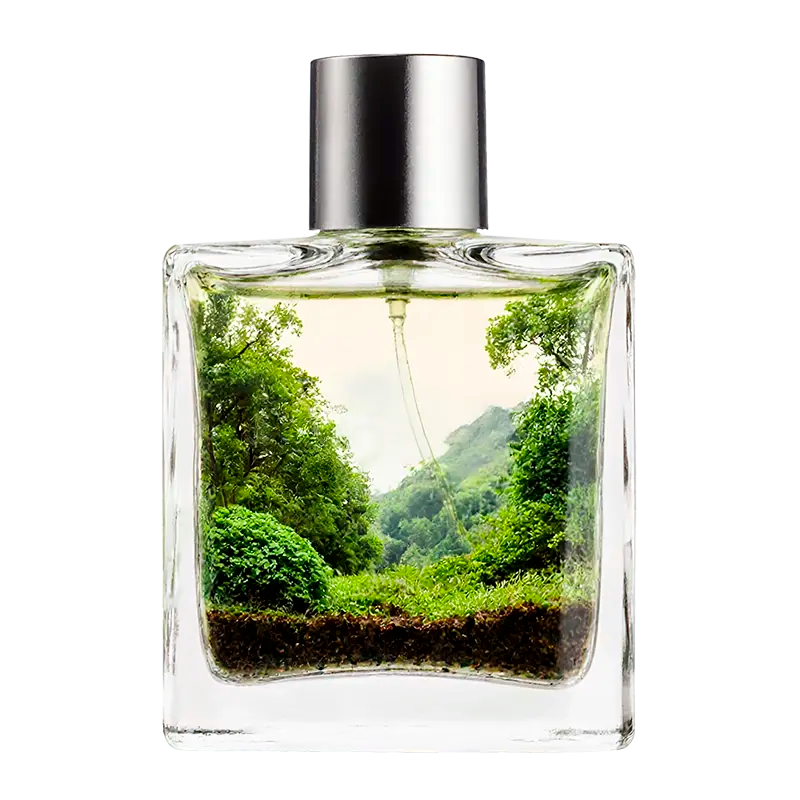 CADLLY sustainable environment glass perfume bottle with a silver cap, filled with a miniature landscape of trees and greenery.
