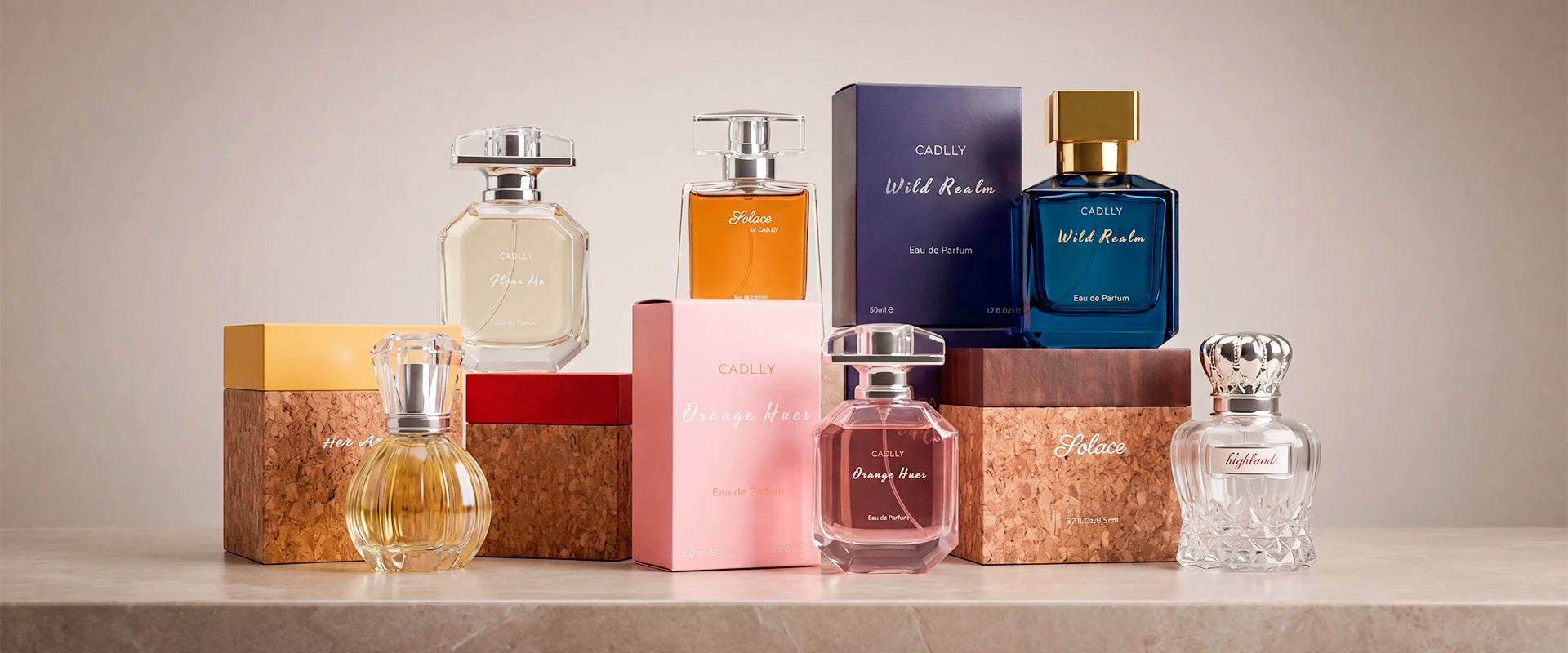 Collection of CADLLY perfume bottles and packaging on a neutral background