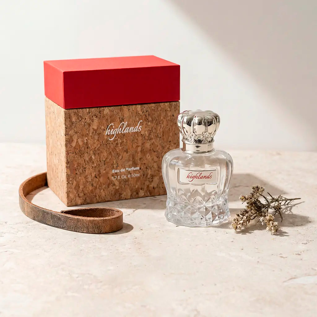 Perfume bottle and packaging with 'CADLLY highlands' branding on a light background