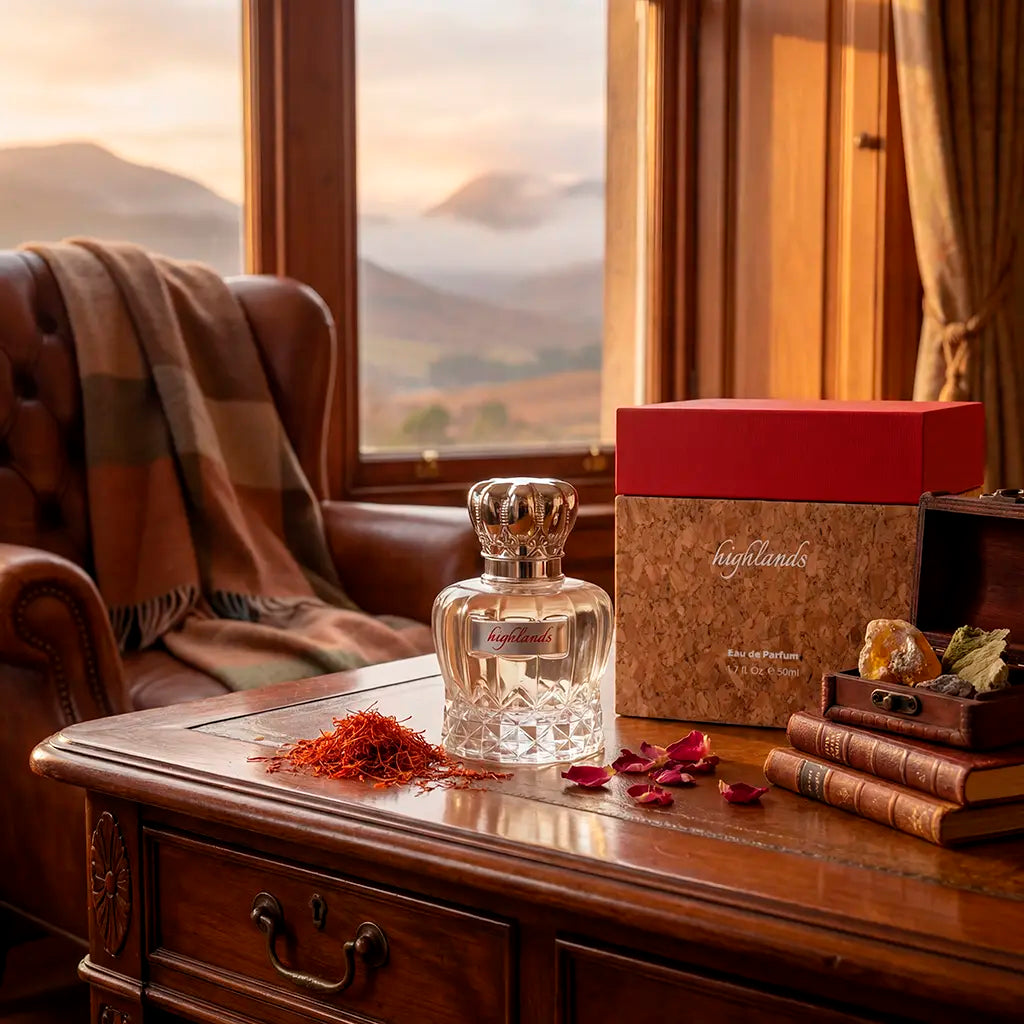CADLLY Highlands perfume bottle on a wooden table with a scenic window view