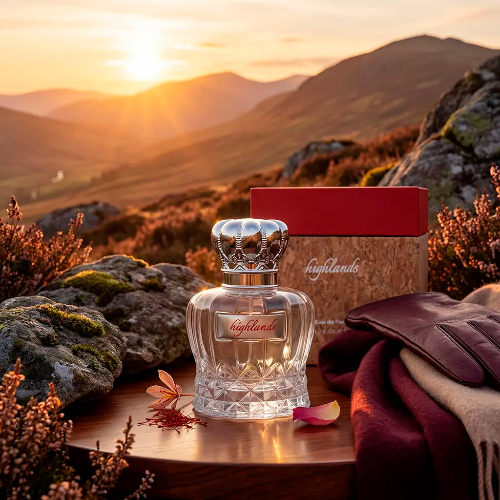 CADLLY Highlands perfume bottle and packaging with gloves on a wooden surface against a mountainous landscape during sunset.