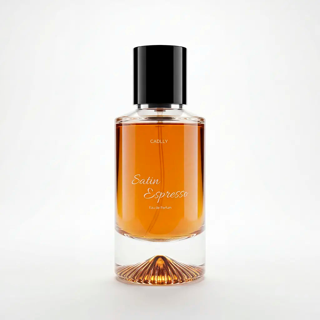 Perfume bottle labeled 'Satin Espresso' by CADLLY on a white background