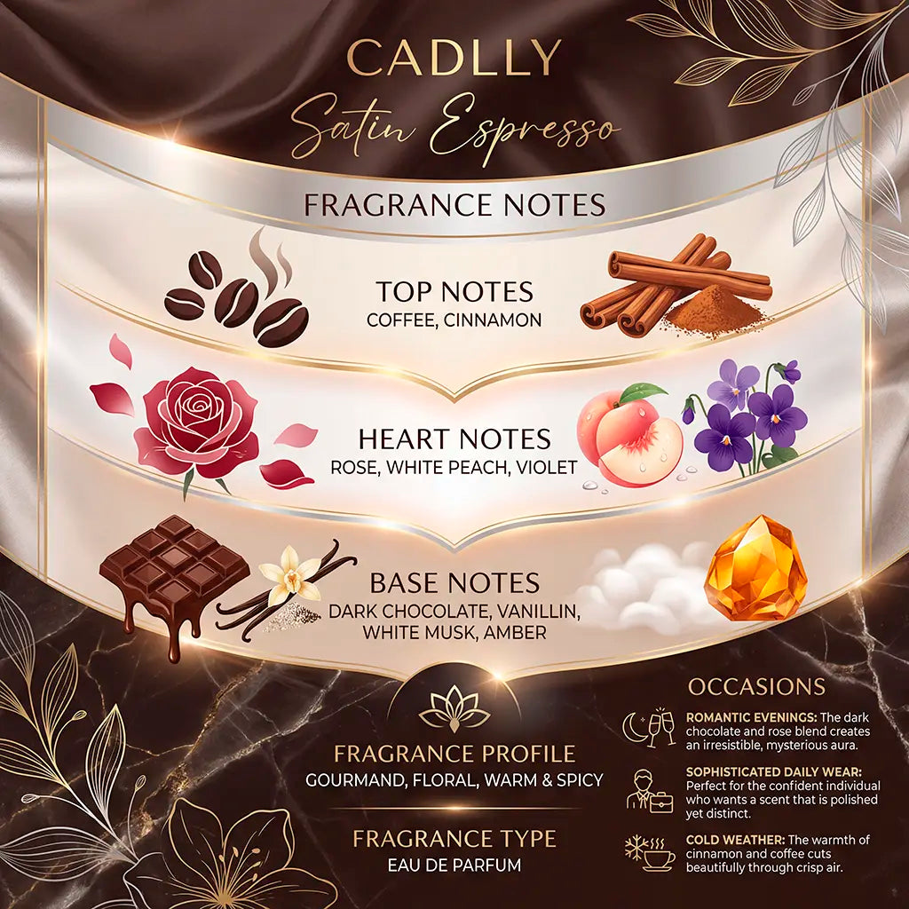 CADLLY Satin Espresso perfume packaging with fragrance notes and profile.