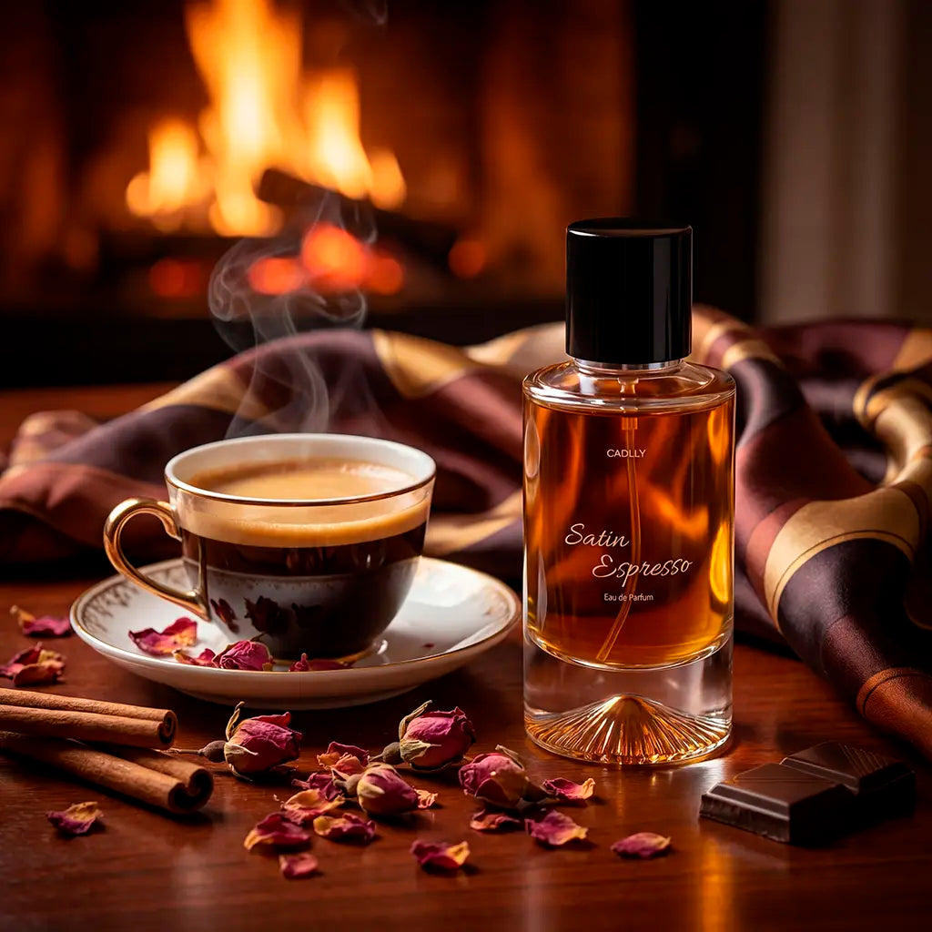 CADLLY perfume bottle labeled 'Satin Espresso' next to a steaming cup of coffee on a wooden table with a fireplace in the background.