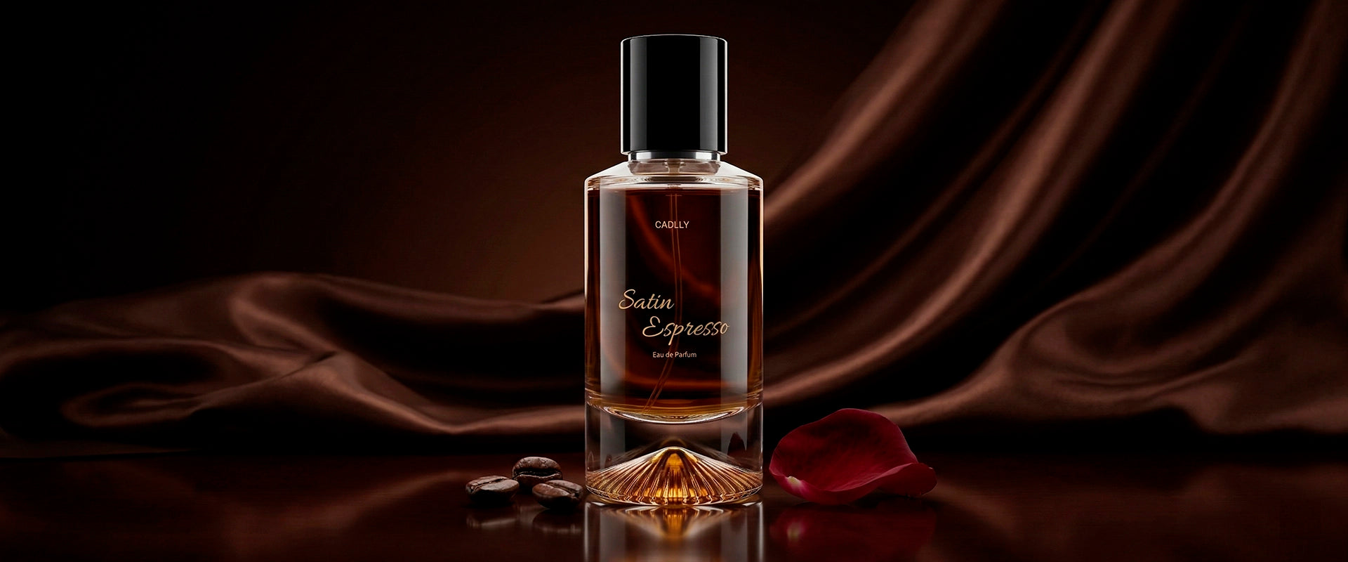 Perfume bottle labeled 'Satin Express' on a dark background with draped fabric