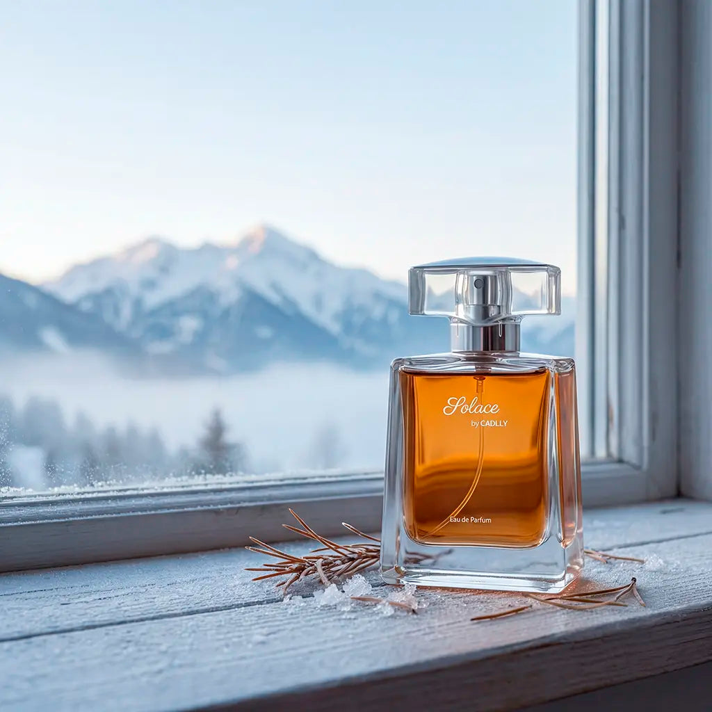 Solace by CADLLY perfume bottle on a windowsill with a mountainous landscape in the background