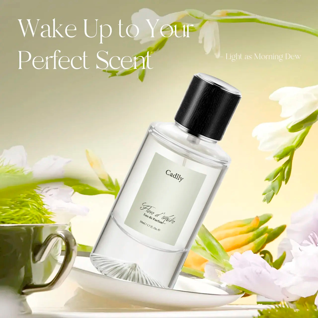 Flore d'Aube by Cadlly. Fresh floral perfume for women with bergamot, freesia, and musk. Perfect for spring and summer, lasting up to 8 hours on skin.