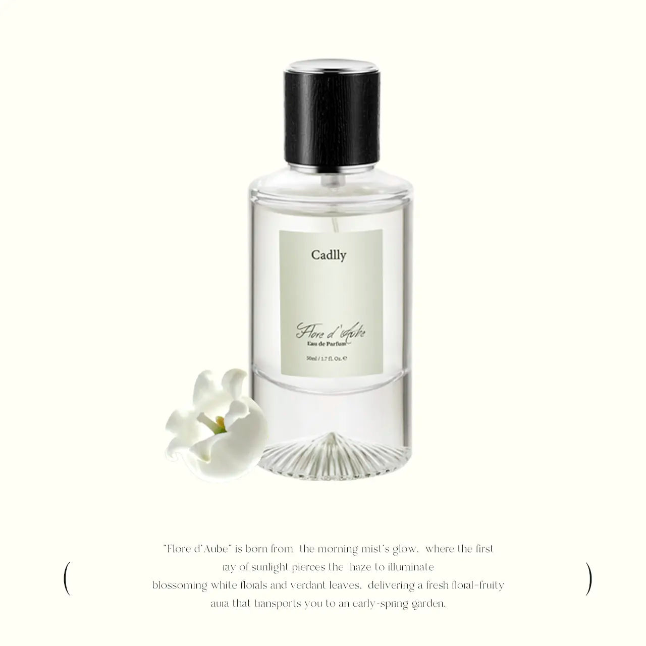 Flore d'Aube by Cadlly. Fresh floral perfume for women with bergamot, freesia, and musk. Perfect for spring and summer, lasting up to 8 hours on skin.