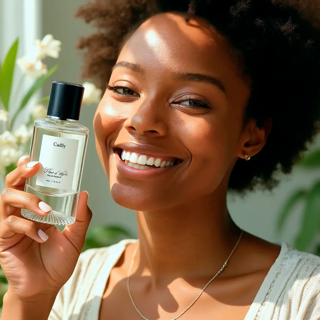 Woman holding a Caudalie skincare product with a blurred natural background. Flore d'Aube perfume by Cadlly. Fresh floral perfume for women with bergamot, freesia, and musk. Perfect for spring and summer, lasting up to 8 hours on skin.