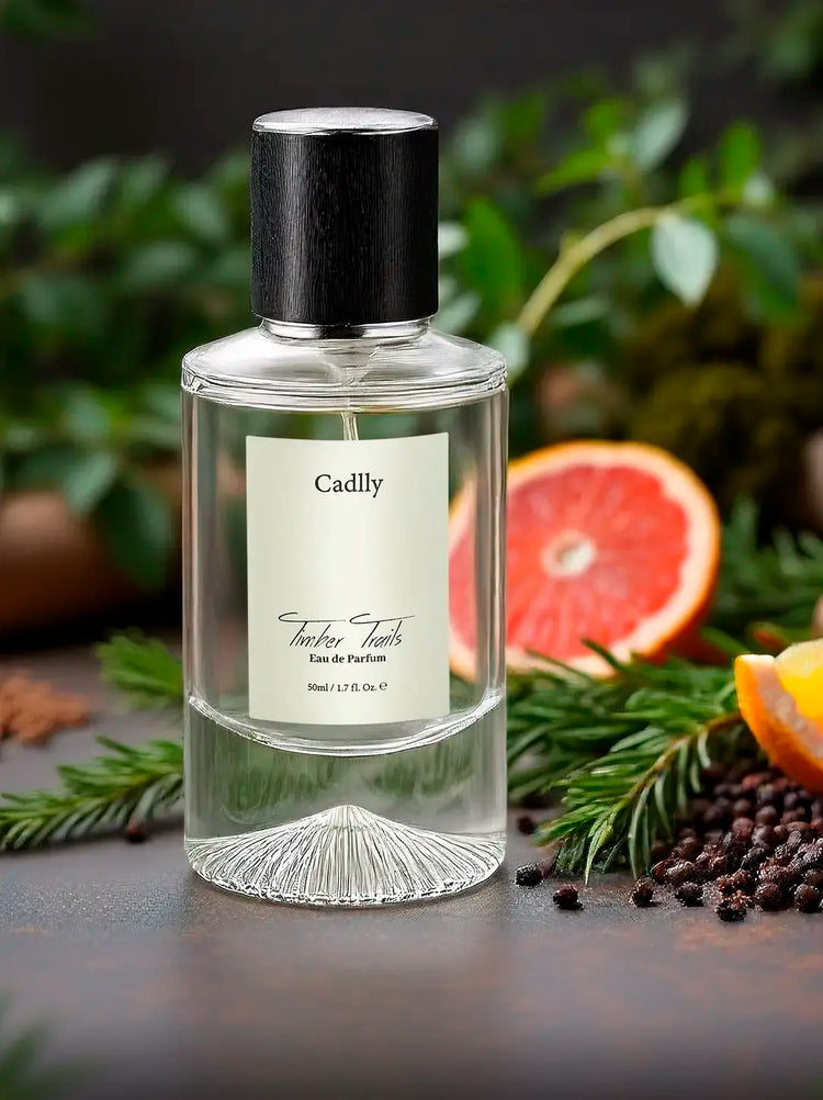 Clear CADLLY Timber Trails perfume bottle with black cap labeled 'Cadly' on a dark surface with greenery and fruits.